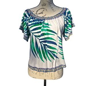 Flying‎ Tomato -1526 Off Shoulder Top Palm Leaf Print Multicolor Size Small